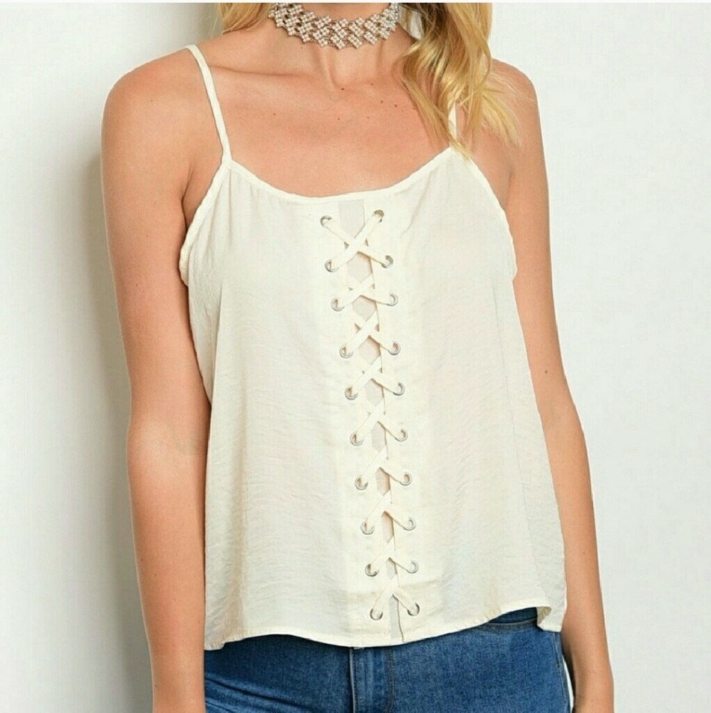 DEDE Silky Sultry Front Lace Up Grommet Tank Top Cream Easy Fit Sz Sm & Med NWT - Picture 7 of 7